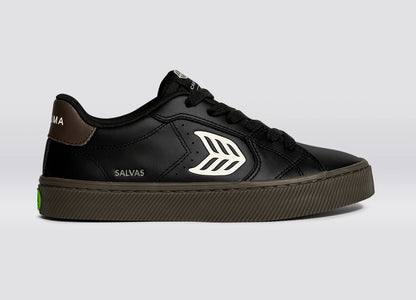 SALVAS Teak Black Leather Ivory Logo Sneaker